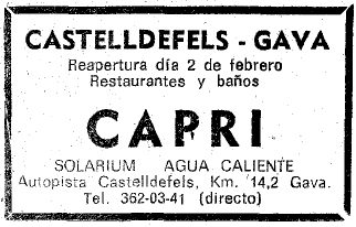Anunci del restaurant-balneari Capri de Gav Mar publicat al diari La Vanguardia el 2 de Febrer de 1974 anunciant la seva reobertura desprs del tancament d'hivern